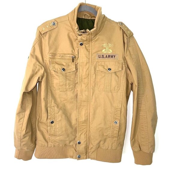 Military Inspired Canvas Jacket Mens Cotton Lined Embroidered Zipper Button Tan